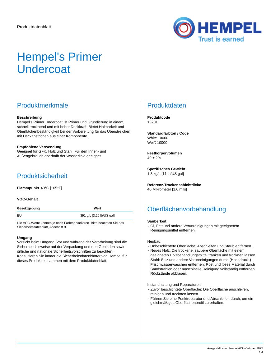 Titelseite Datenblatt Hempel's Primer Undercoat (13201)