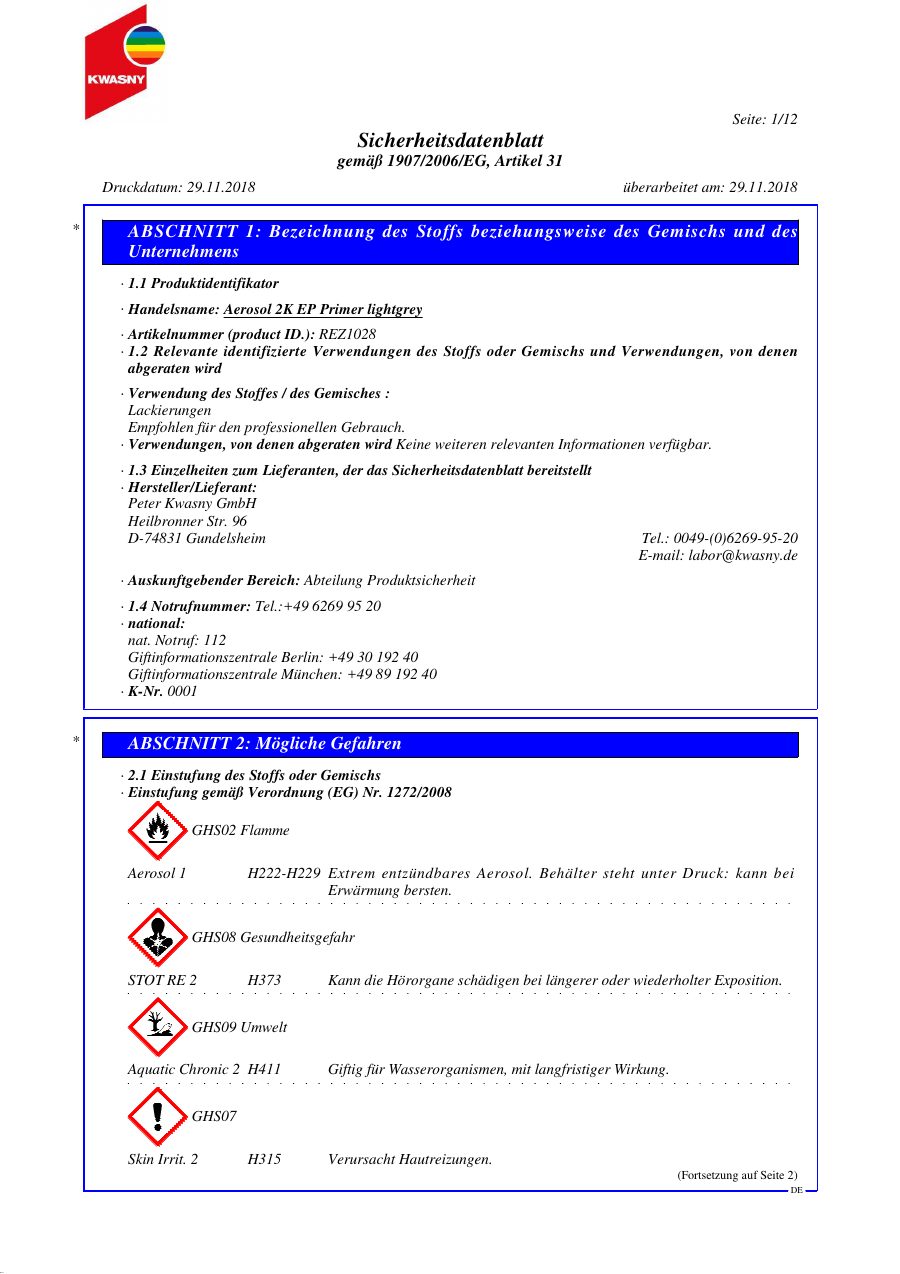 Titelseite Sicherheitsdatenblatt Aerosol 2K EP Primer lightgrey (13-YMAXLEIW)