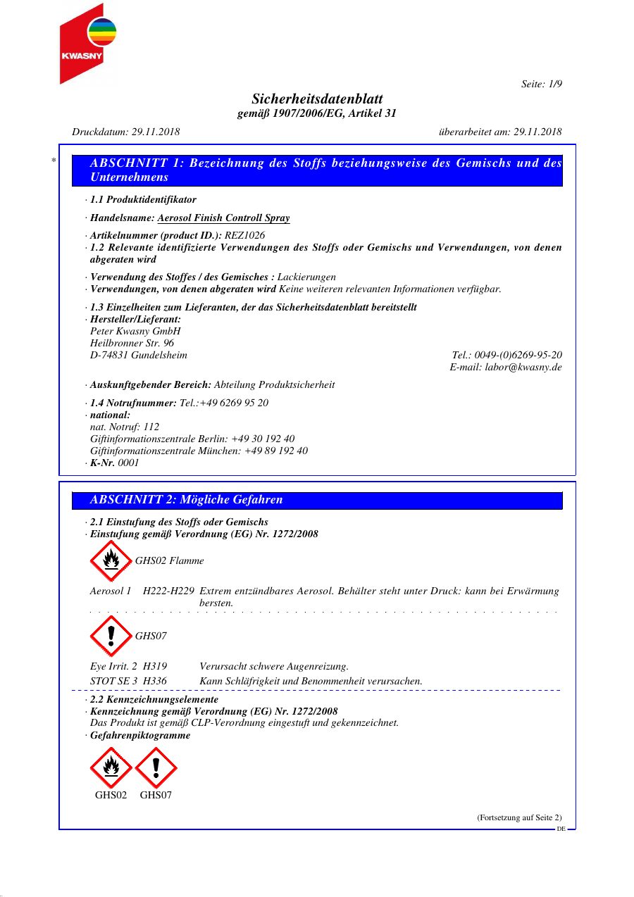 Titelseite Sicherheitsdatenblatt Aerosol Finish Controll Spray (13-YMAXGLAN)
