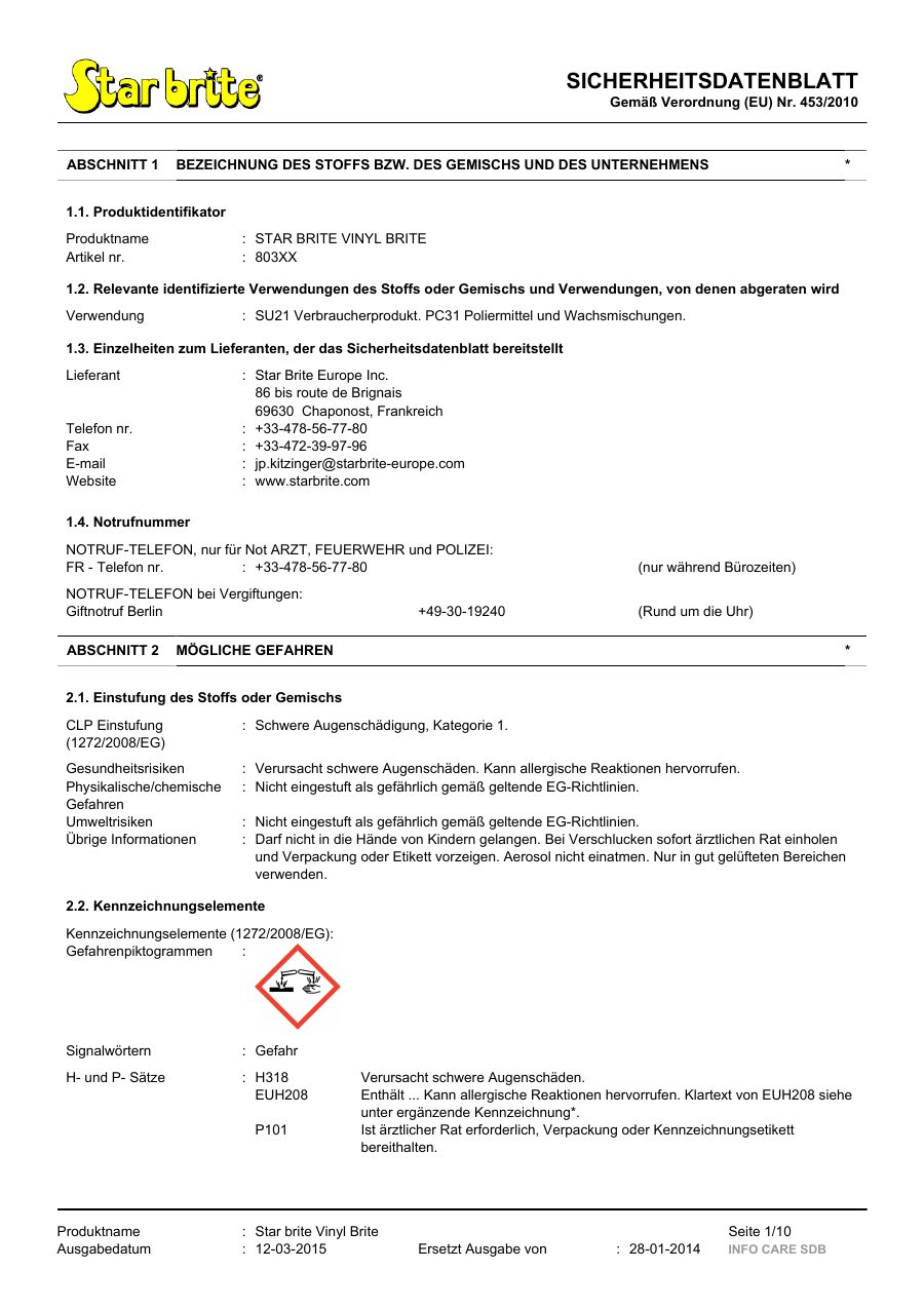 Titelseite Sicherheitsdatenblatt STAR BRITE VINYL BRITE (13-SVINYLB)