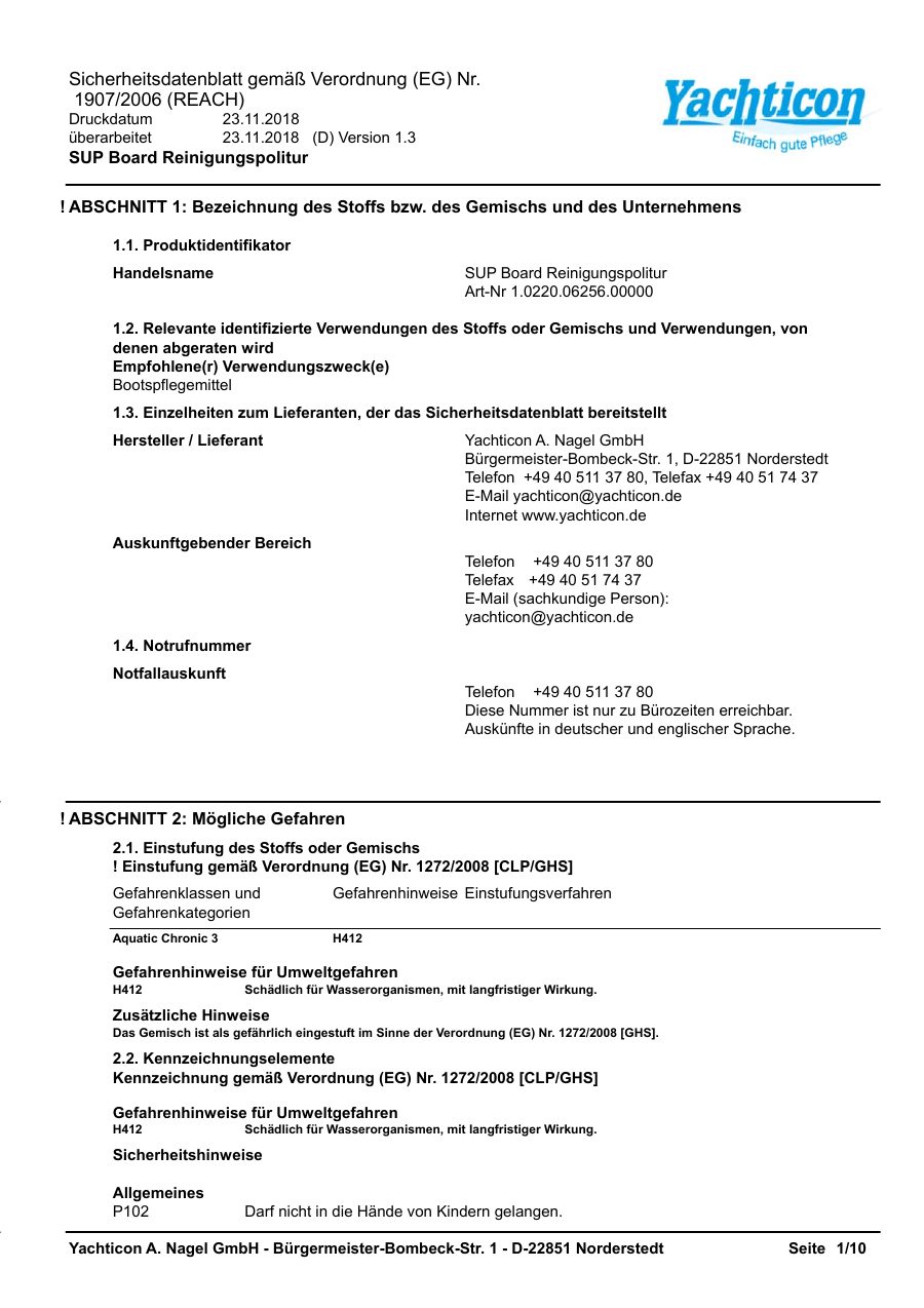 Titelseite Sicherheitsdatenblatt SUP Board Reinigungspolitur (13-YSUPPOLI)