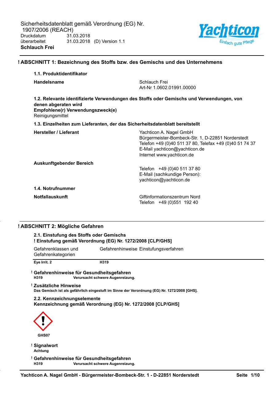 Titelseite Sicherheitsdatenblatt Schlauch Frei (18-PSCHLAUC)