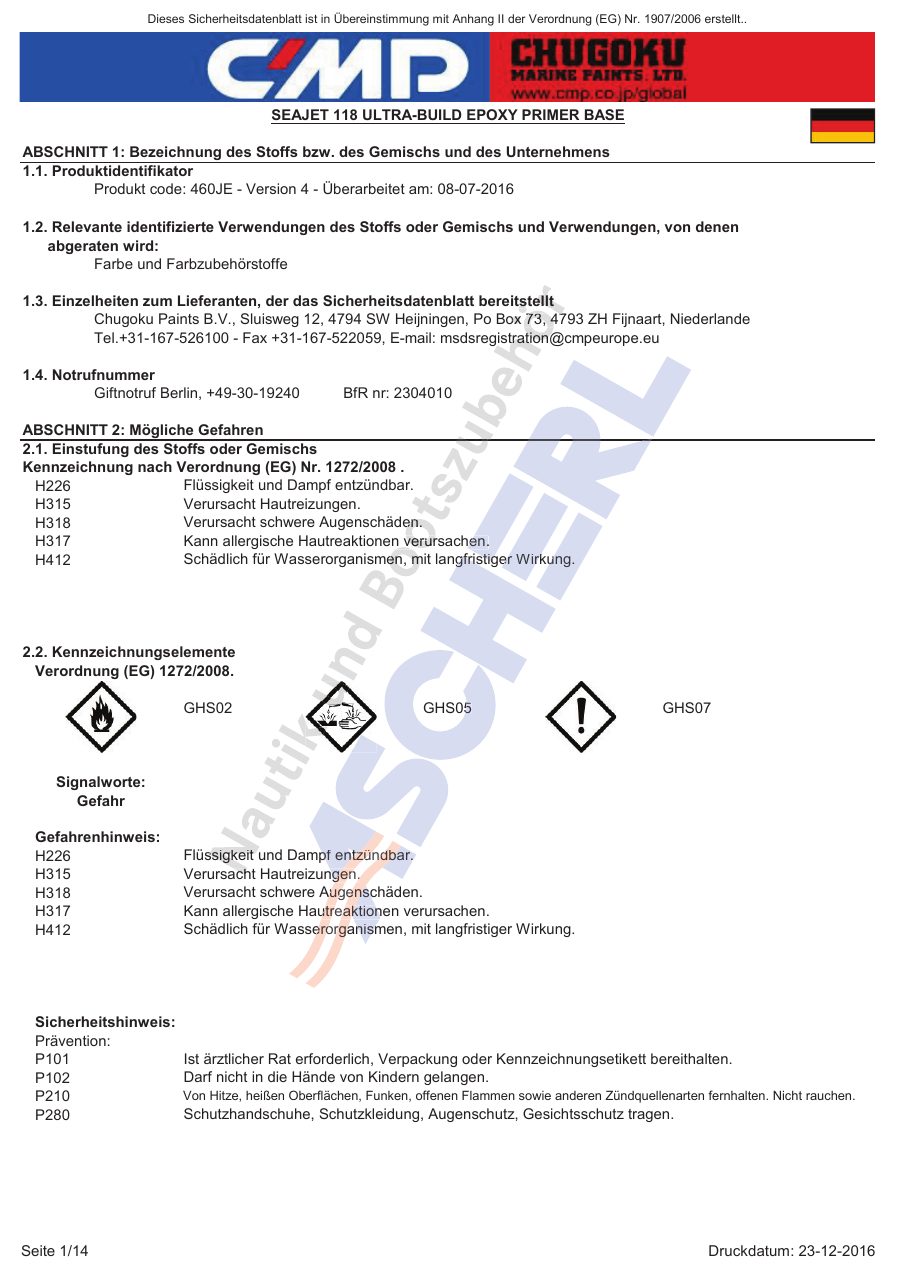 Titelseite Sicherheitsdatenblatt SEAJET 118 ULTRA-BUILD EPOXY PRIMER BASE (13-SJ11825_B)