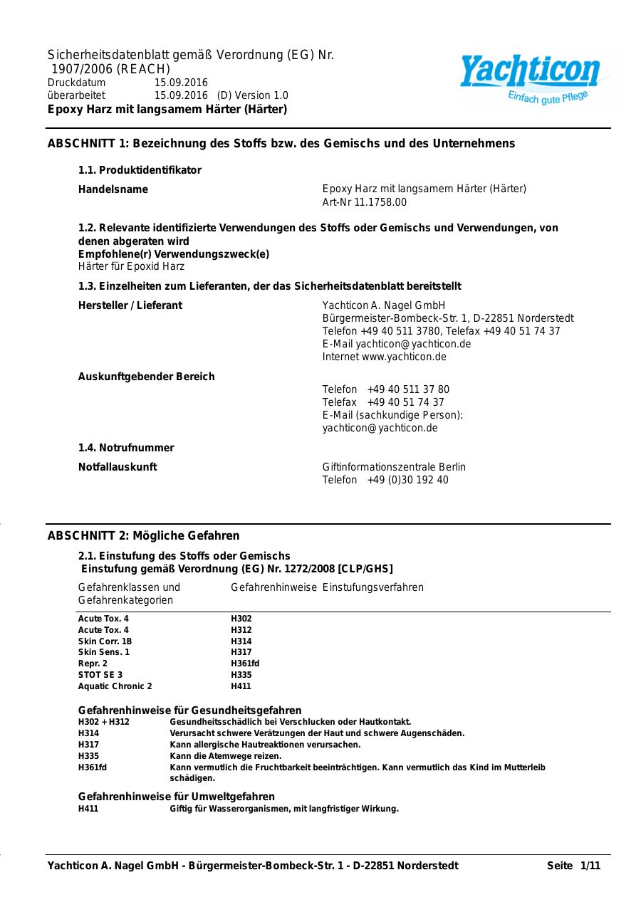 Titelseite Sicherheitsdatenblatt Epoxy Harz mit langsamem Härter (Härter) (13-EPO1500L_Härter)