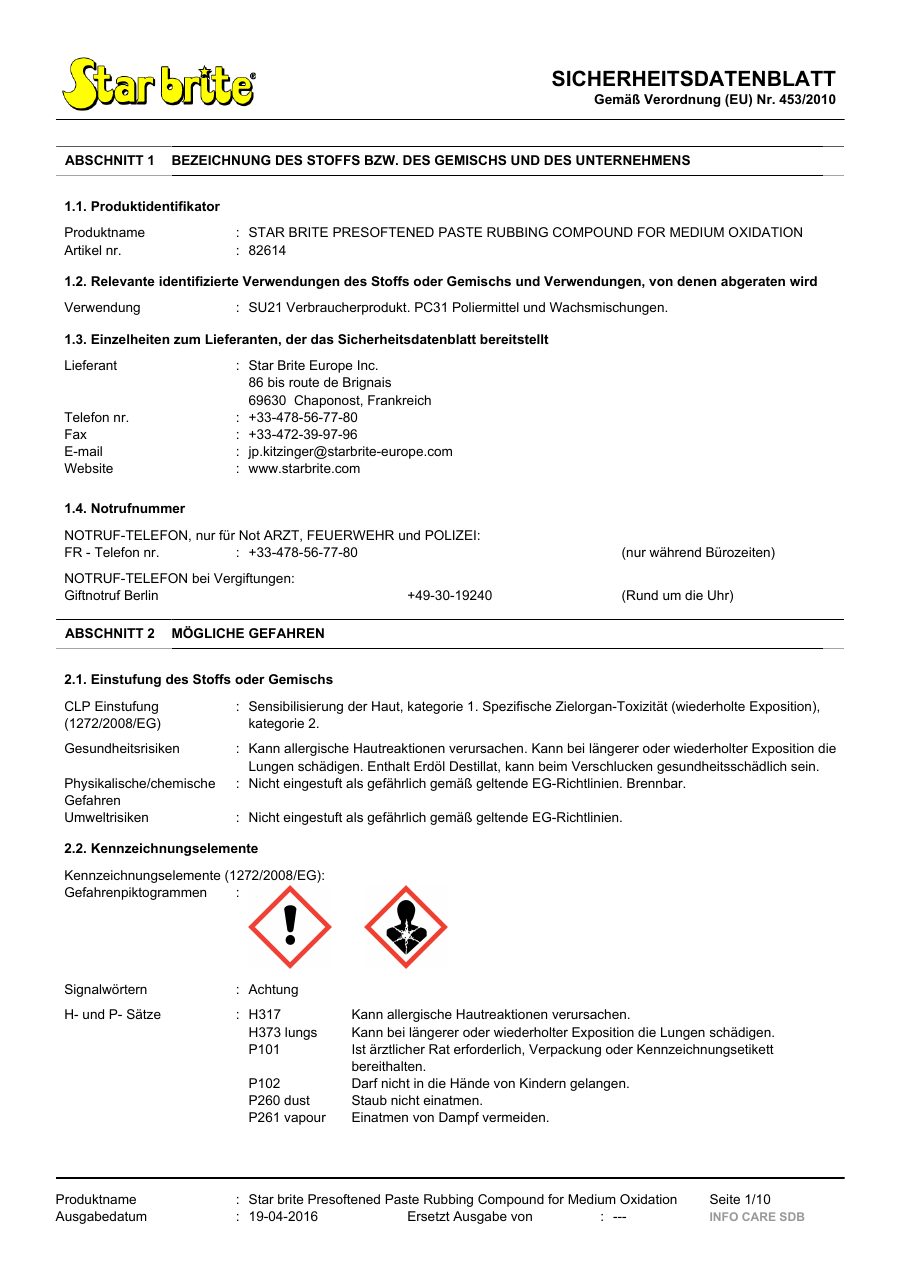 Titelseite Sicherheitsdatenblatt STAR BRITE PRESOFTENED PASTE RUBBING COMPOUND FOR MEDIUM OXIDATION (13-SRUBMED)