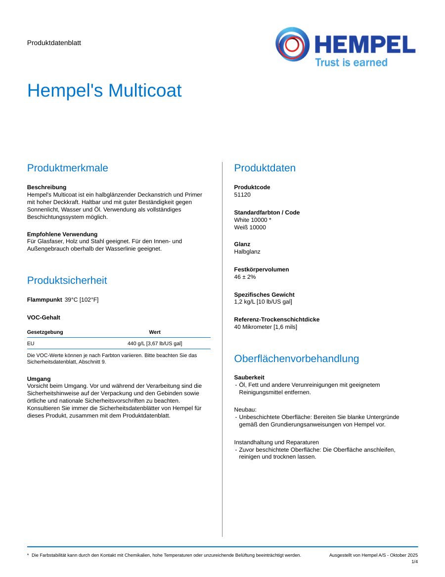 Titelseite Datenblatt Hempel's Multicoat (51120)