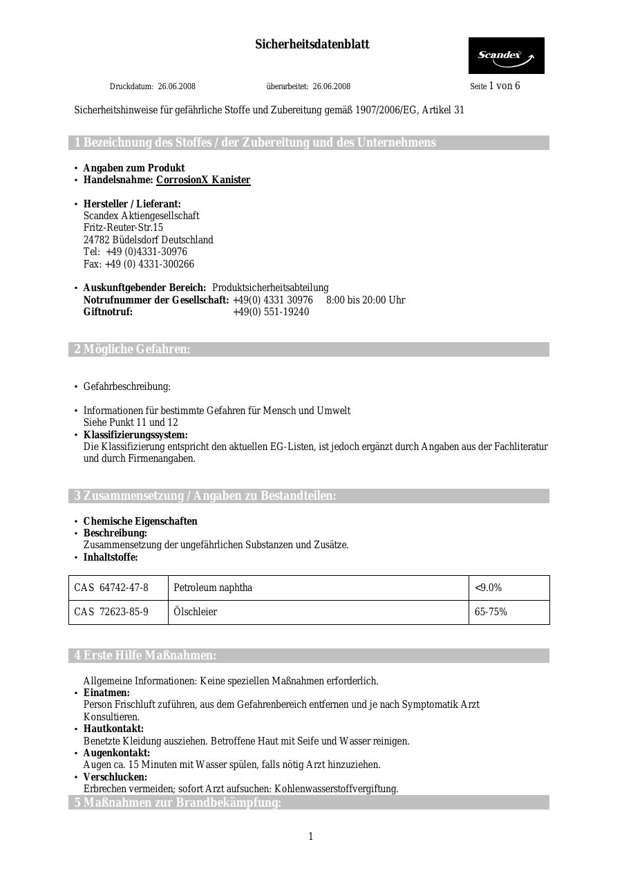 Titelseite Sicherheitsdatenblatt Sicherheitshinweise für gefährliche Stoffe und Zubereitung gemäß EU-Richtlinie 91/155/EWG (13-YCORROS)