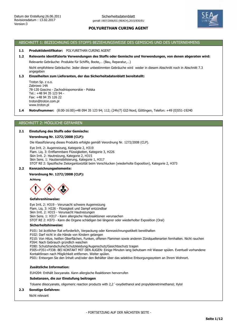 Titelseite Sicherheitsdatenblatt POLYURETHAN CURING AGENT