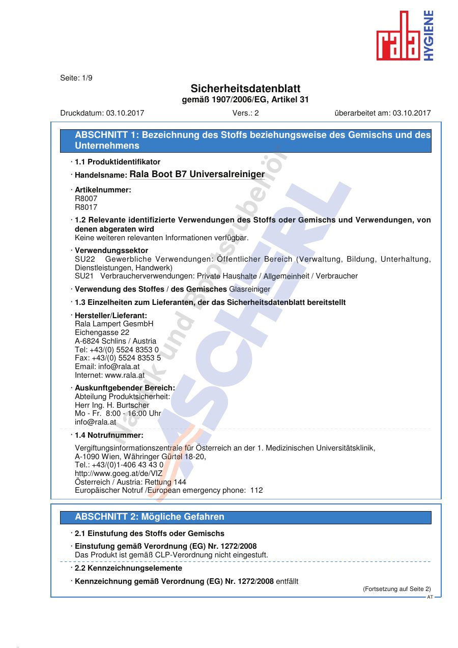Titelseite Sicherheitsdatenblatt Rala Boot B7 Universalreiniger (13-RALA8007)