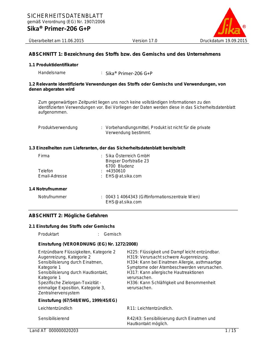 Titelseite Sicherheitsdatenblatt Sika® Primer-206 G+P (13-SP20625)