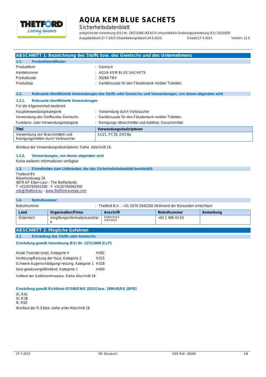 Titelseite Sicherheitsdatenblatt AQUA KEM BLUE SACHETS (18-AKS)