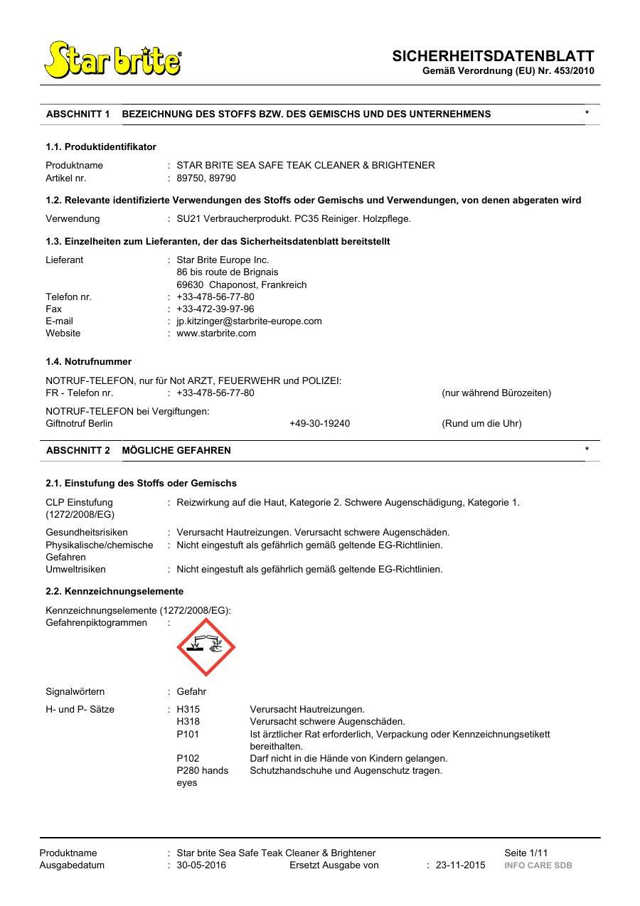 Titelseite Sicherheitsdatenblatt STAR BRITE SEA SAFE TEAK CLEANER & BRIGHTENER (13-STEAKCB9)