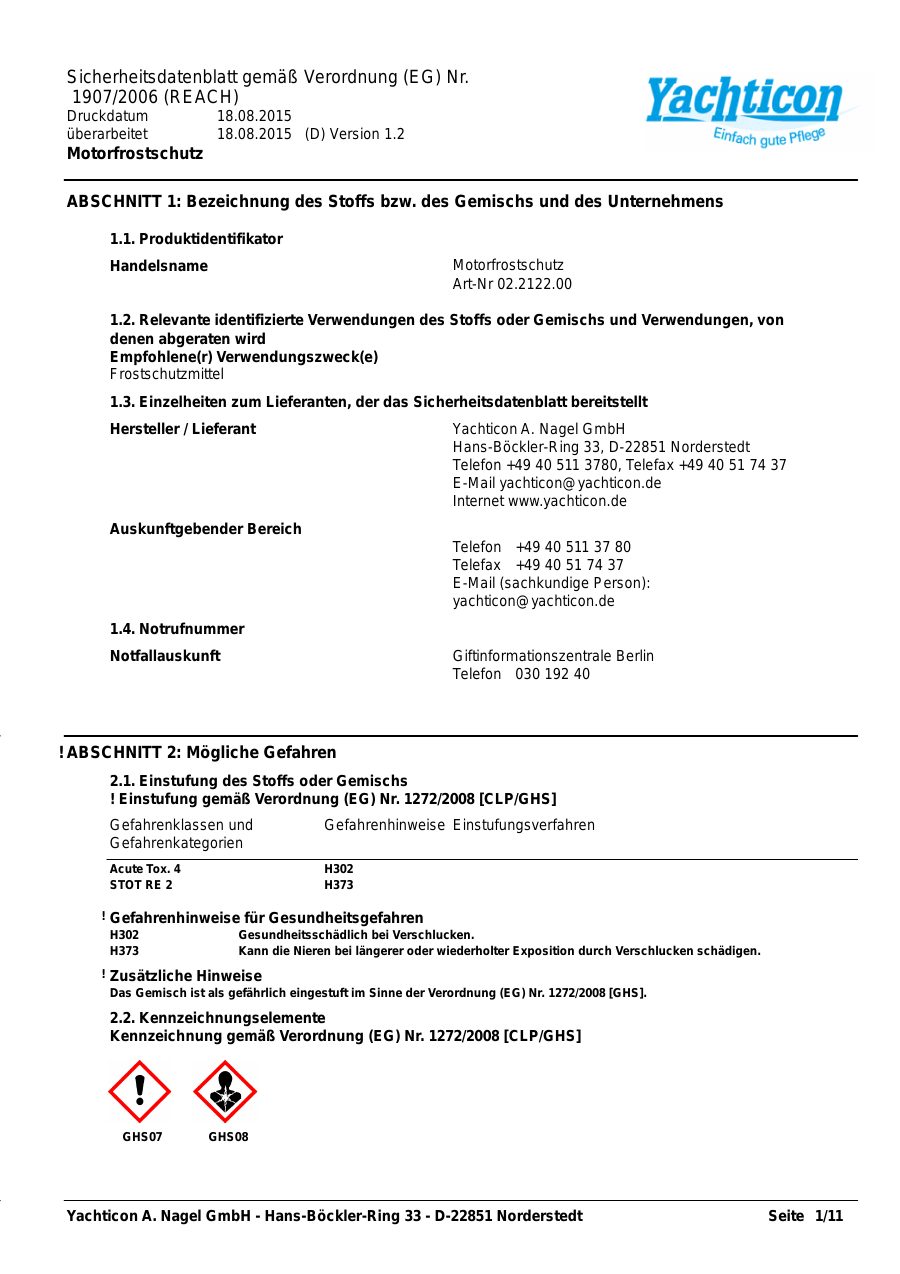 Titelseite Sicherheitsdatenblatt Motorfrostschutz (13-YFROST2)
