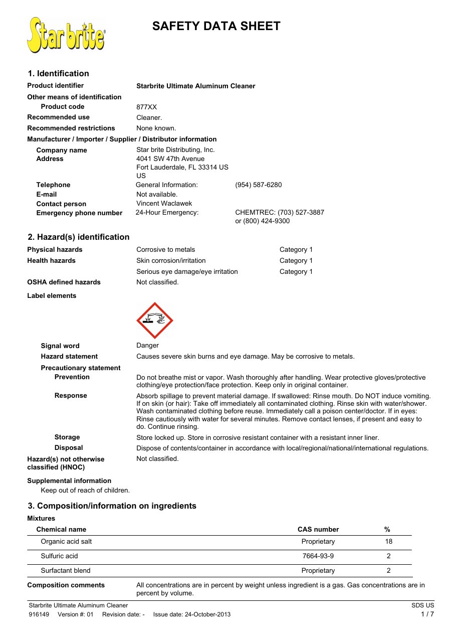 Titelseite Sicherheitsdatenblatt Star brite 13-SALUC_SDS