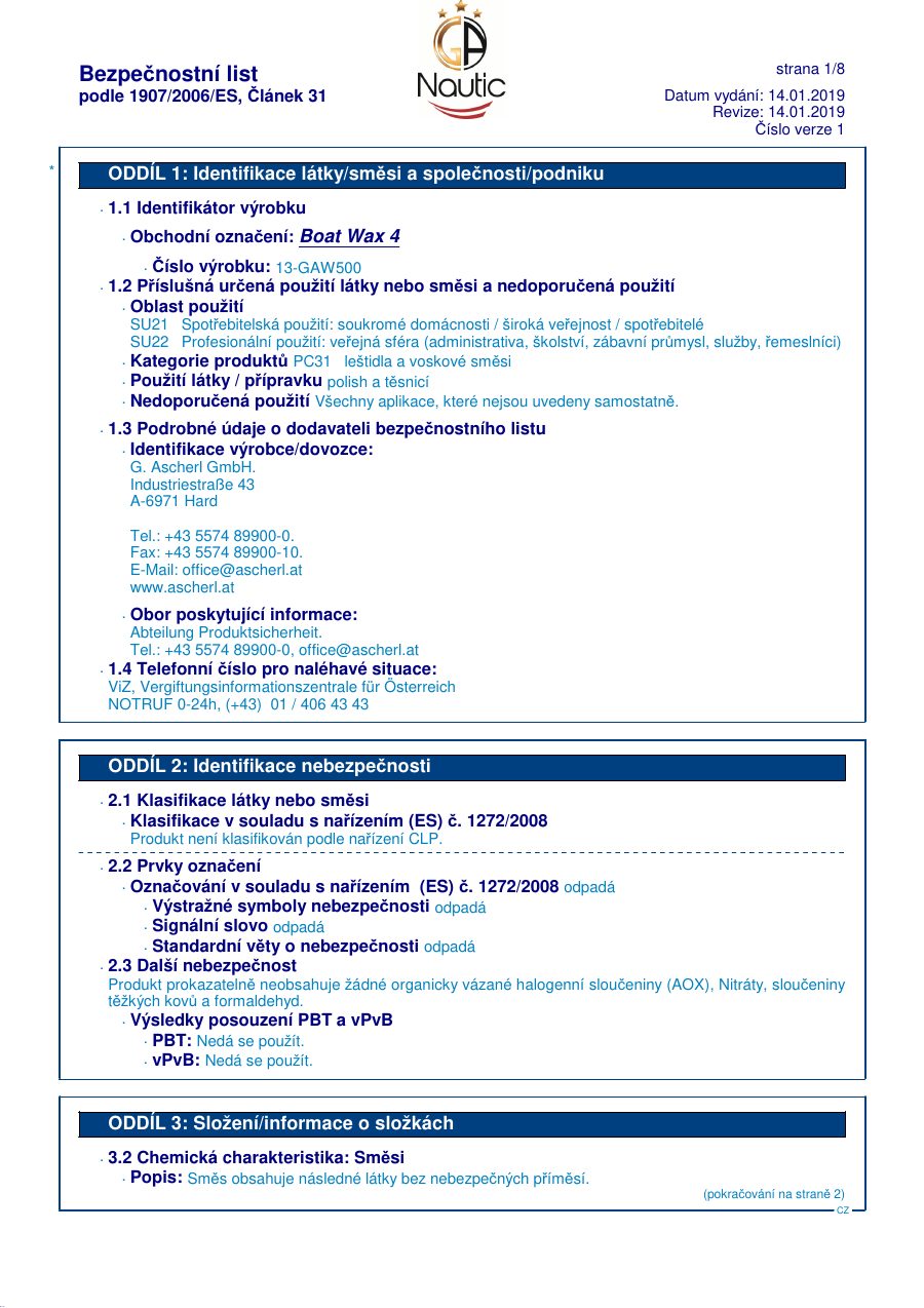 Titelseite Sicherheitsdatenblatt GA Nautic 13-GAW500_CZ