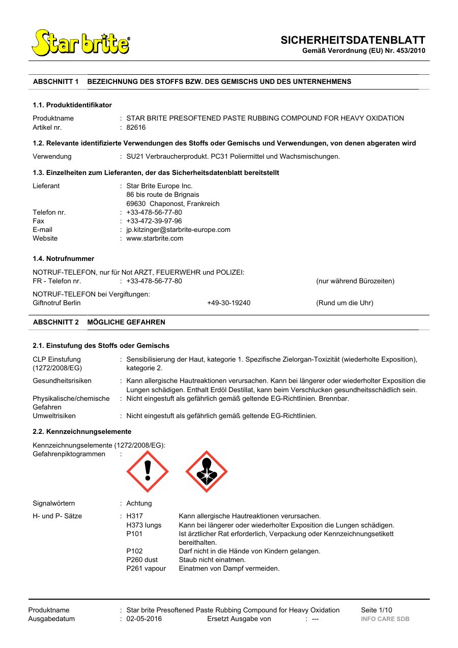 Titelseite Sicherheitsdatenblatt STAR BRITE PRESOFTENED PASTE RUBBING COMPOUND FOR HEAVY OXIDATION (13-SRUBHEAV)