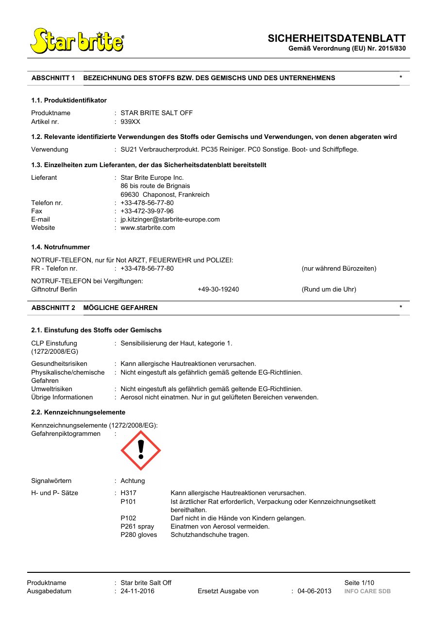 Titelseite Sicherheitsdatenblatt STAR BRITE SALT OFF (13-SSALTO6)