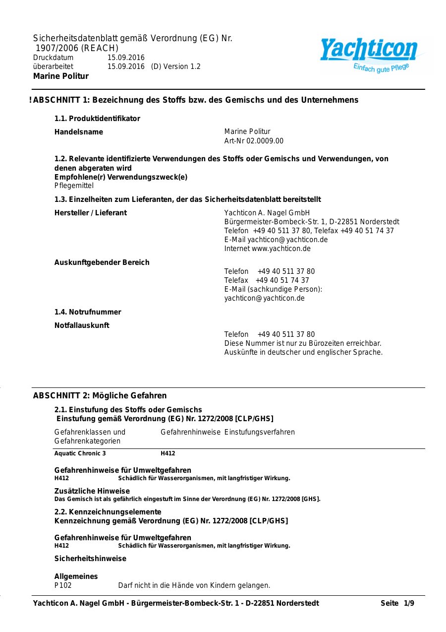 Titelseite Sicherheitsdatenblatt Marine Politur (13-YPOLYTUR)
