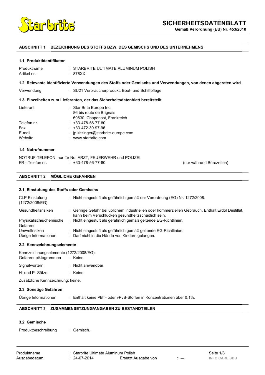 Titelseite Sicherheitsdatenblatt STARBRITE ULTIMATE ALUMINUM POLISH (13-SALUP)