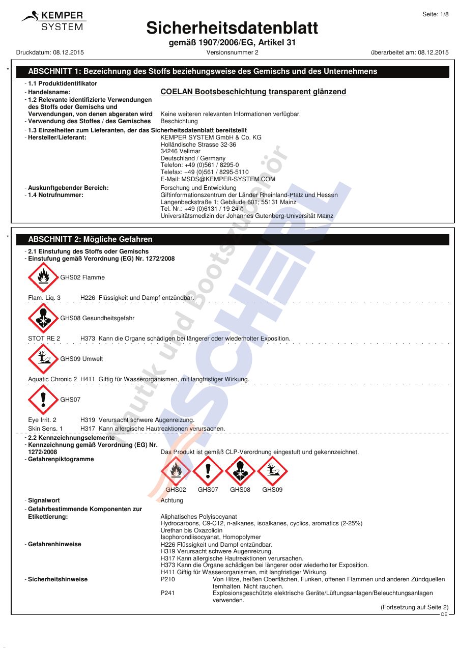 Titelseite Sicherheitsdatenblatt COELAN Bootsbeschichtung transparent glänzend (13-CBTG3)
