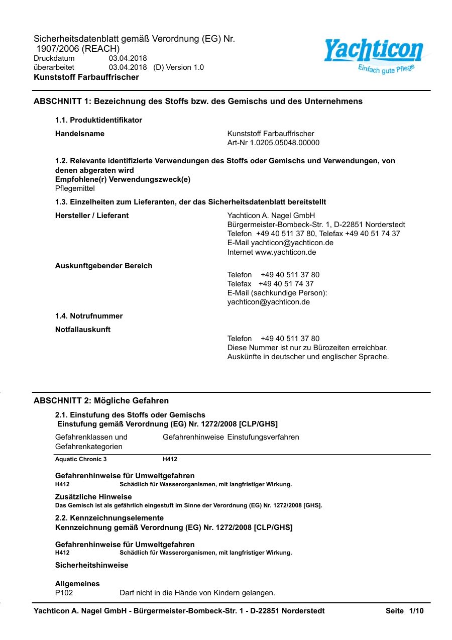Titelseite Sicherheitsdatenblatt Kunststoff Farbauffrischer (13-YKUNSTFR)