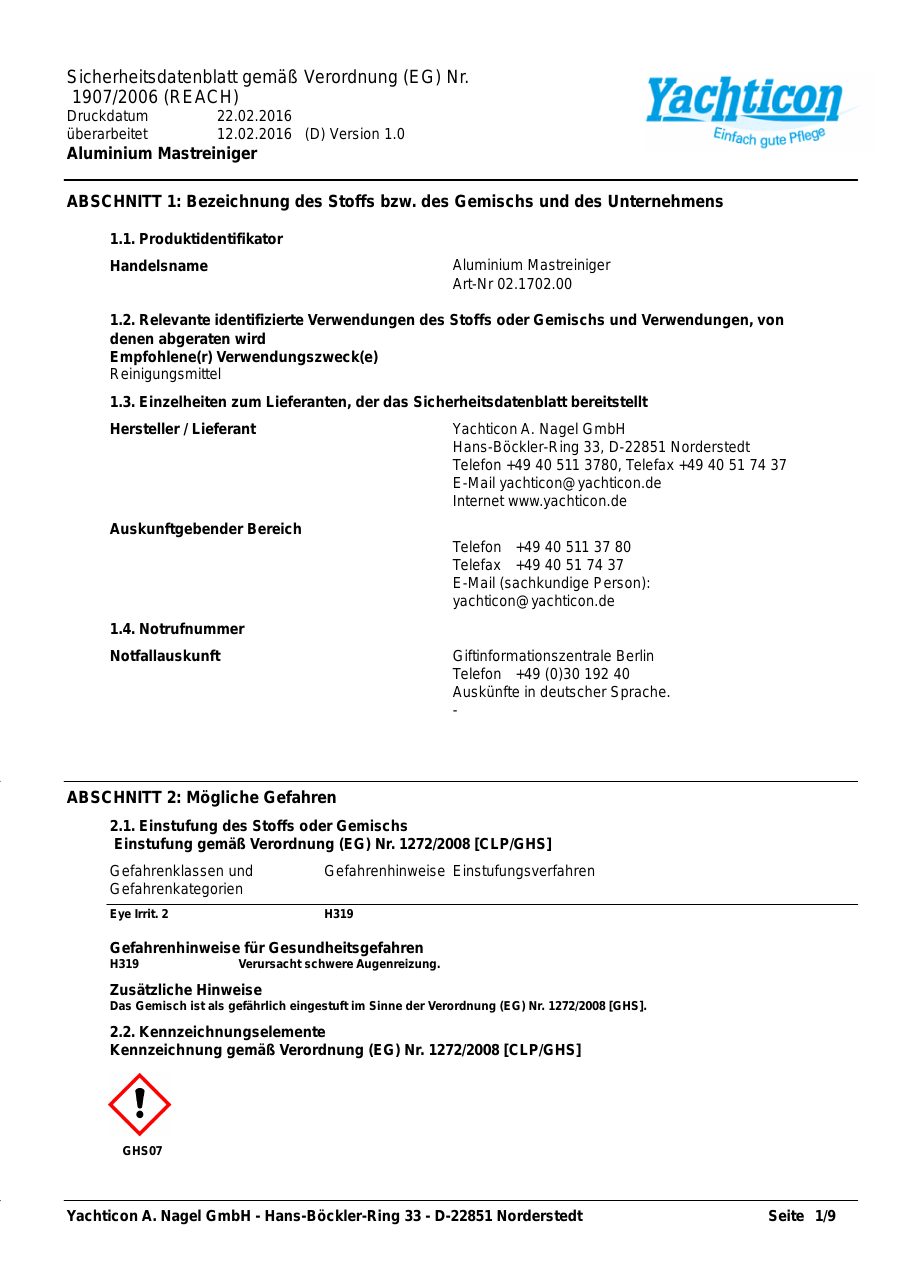 Titelseite Sicherheitsdatenblatt Aluminium Mastreiniger (13-YALUR)