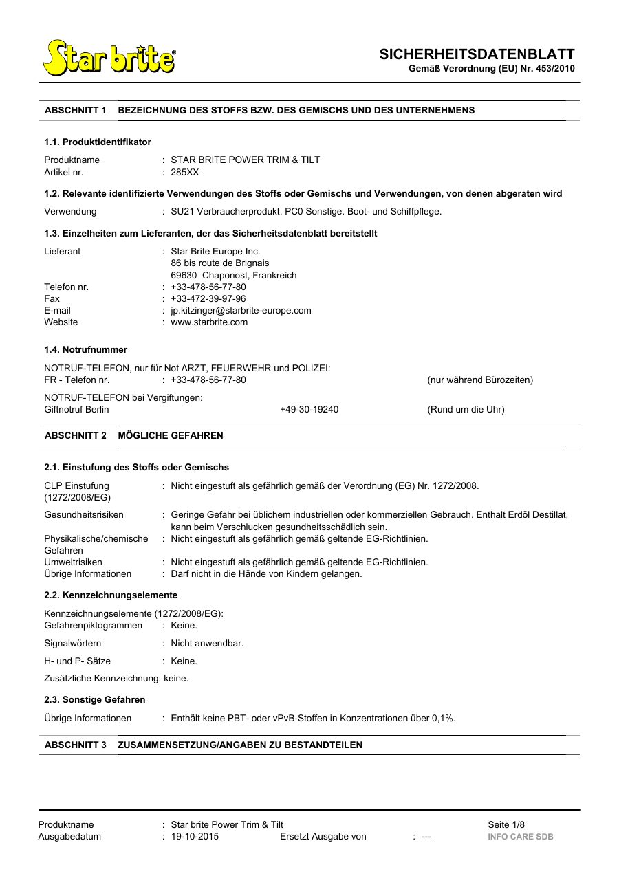Titelseite Sicherheitsdatenblatt STAR BRITE POWER TRIM & TILT (11-HYDROIL)