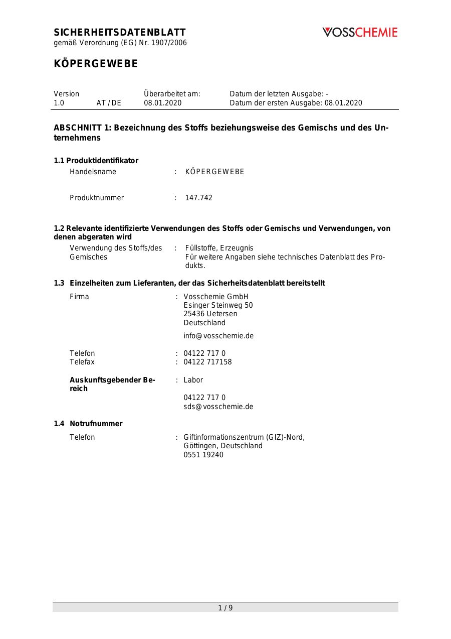 Titelseite Sicherheitsdatenblatt KÖPERGEWEBE