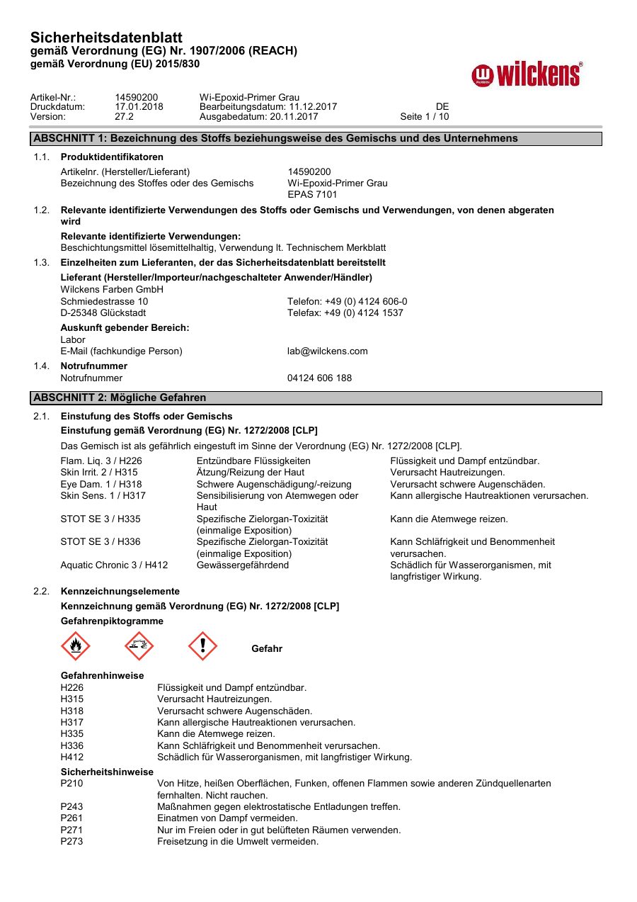 Titelseite Sicherheitsdatenblatt Wi-Epoxid-Primer Grau (13-WEPO750)