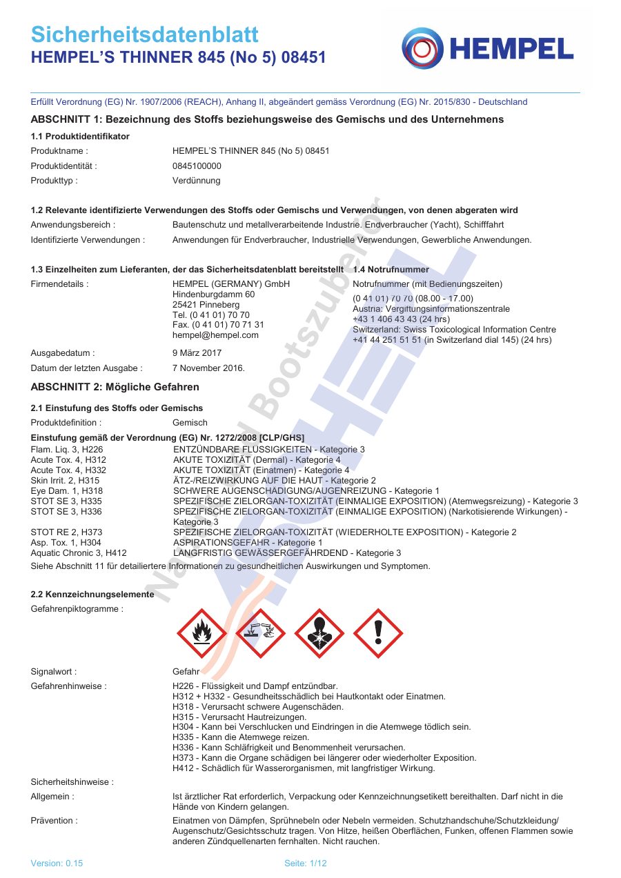 Titelseite Sicherheitsdatenblatt HEMPEL’S THINNER 845 (No 5) 08451 (13-HV845750)