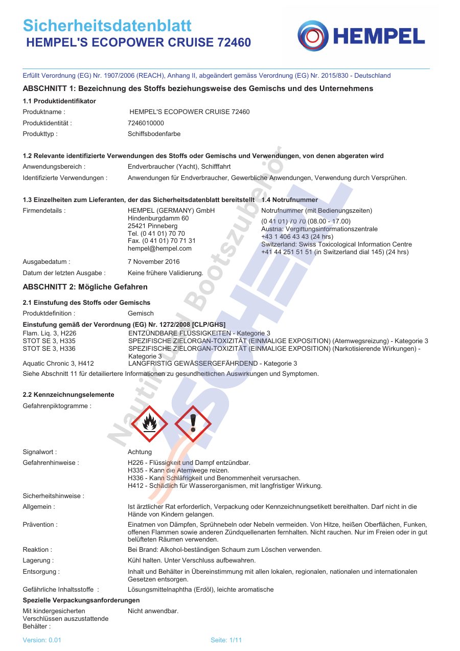 Titelseite Sicherheitsdatenblatt HEMPEL'S ECOPOWER CRUISE 72460 (13-HECOC25B)
