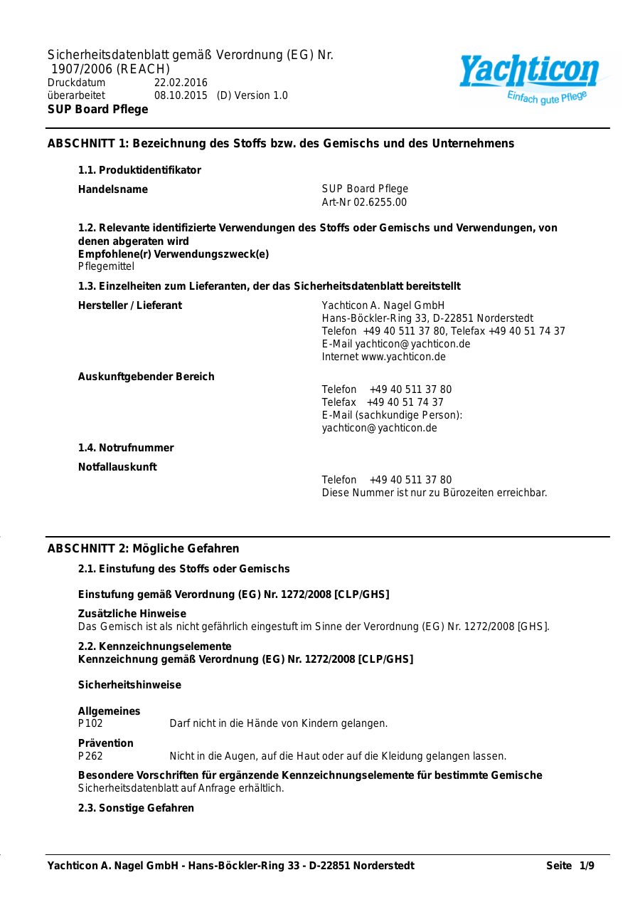 Titelseite Sicherheitsdatenblatt SUP Board Pflege (13-YSUPPFLE)