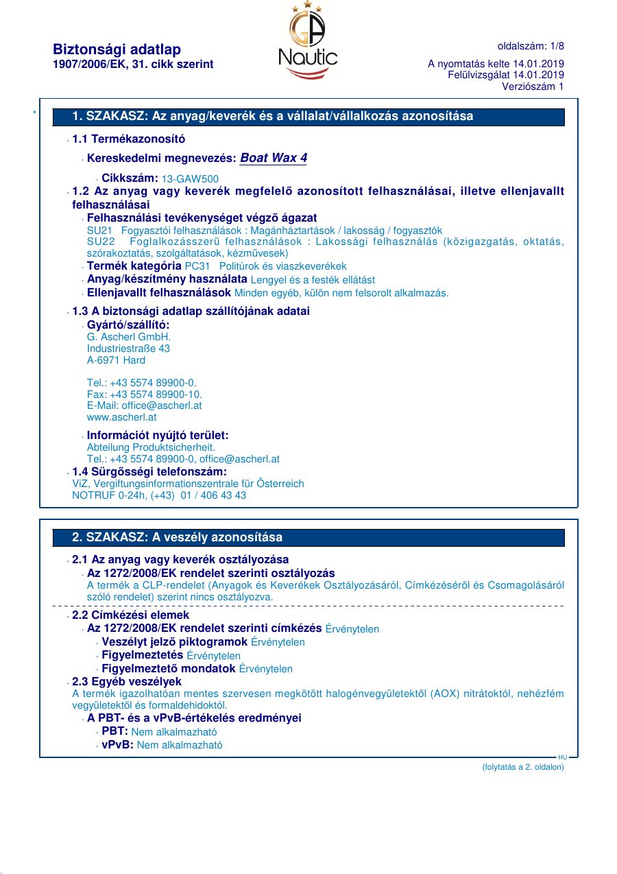 Titelseite Sicherheitsdatenblatt GA Nautic 13-GAW500_HU
