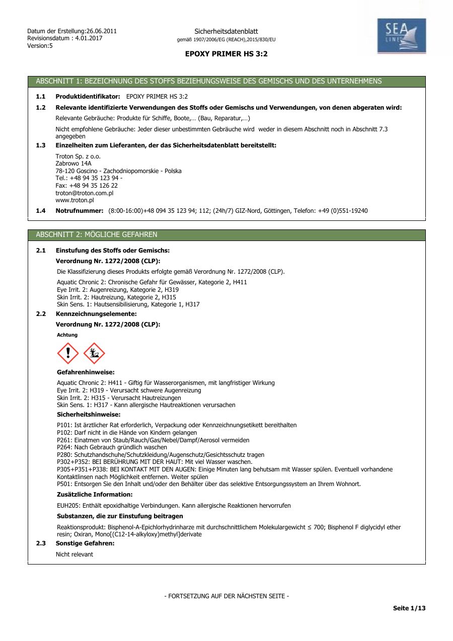 Titelseite Sicherheitsdatenblatt EPOXY PRIMER HS 3:2