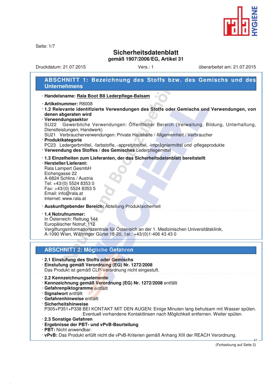 Titelseite Sicherheitsdatenblatt Rala Boot B8 Lederpflege-Balsam (13-RALA8008)
