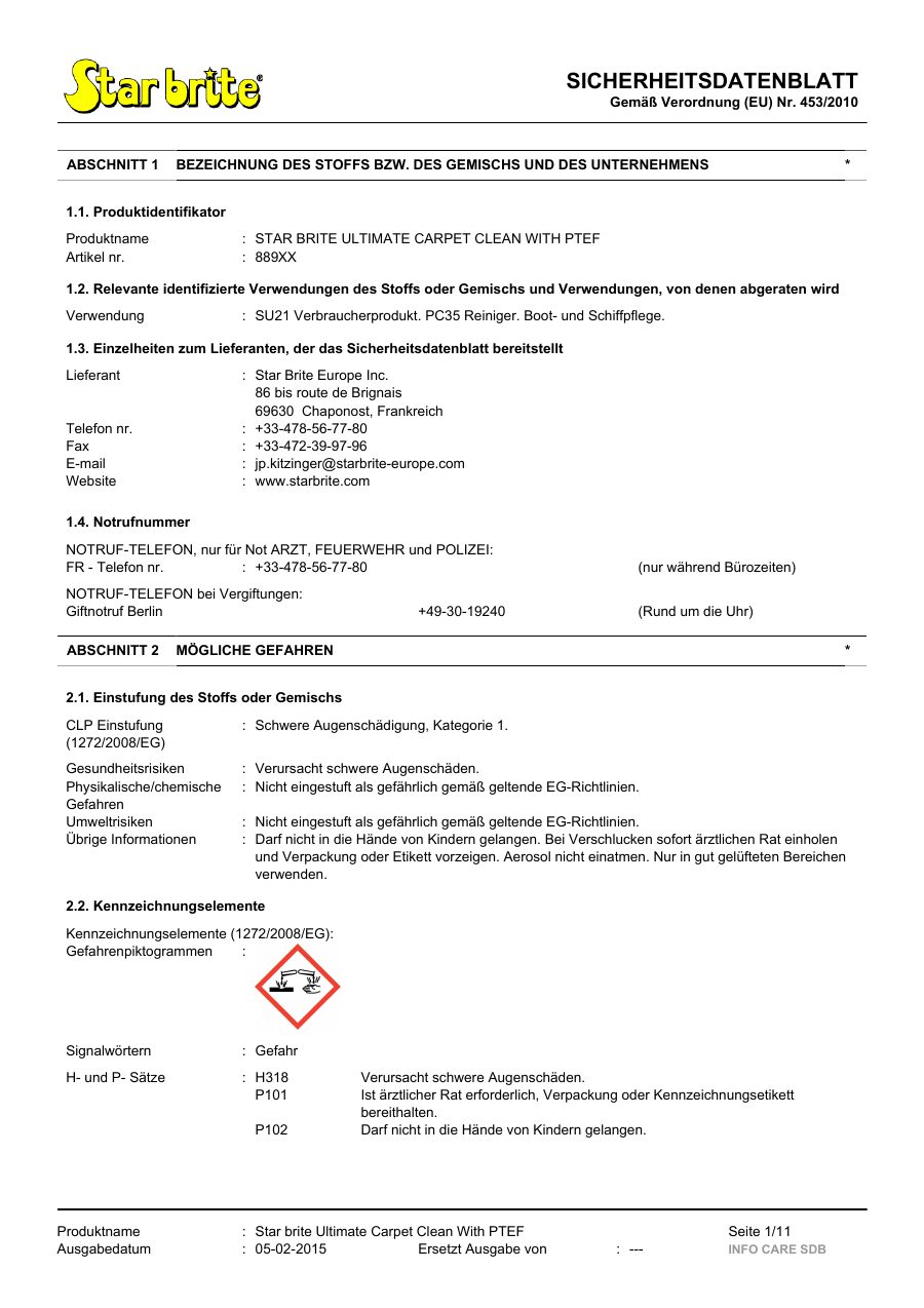 Titelseite Sicherheitsdatenblatt STAR BRITE ULTIMATE CARPET CLEAN WITH PTEF (13-SCARPET)