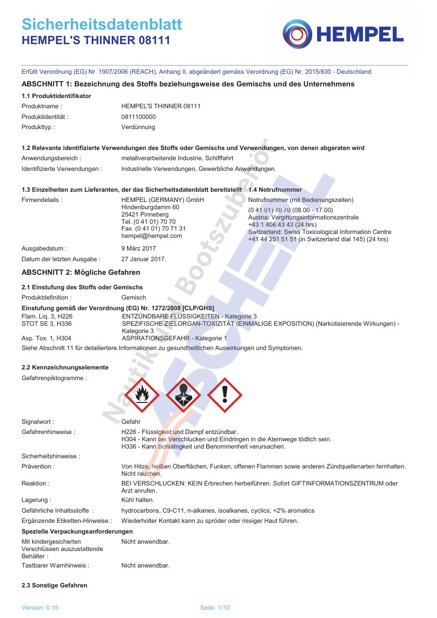 Titelseite Sicherheitsdatenblatt HEMPEL'S THINNER 08111 (13-HV811750)