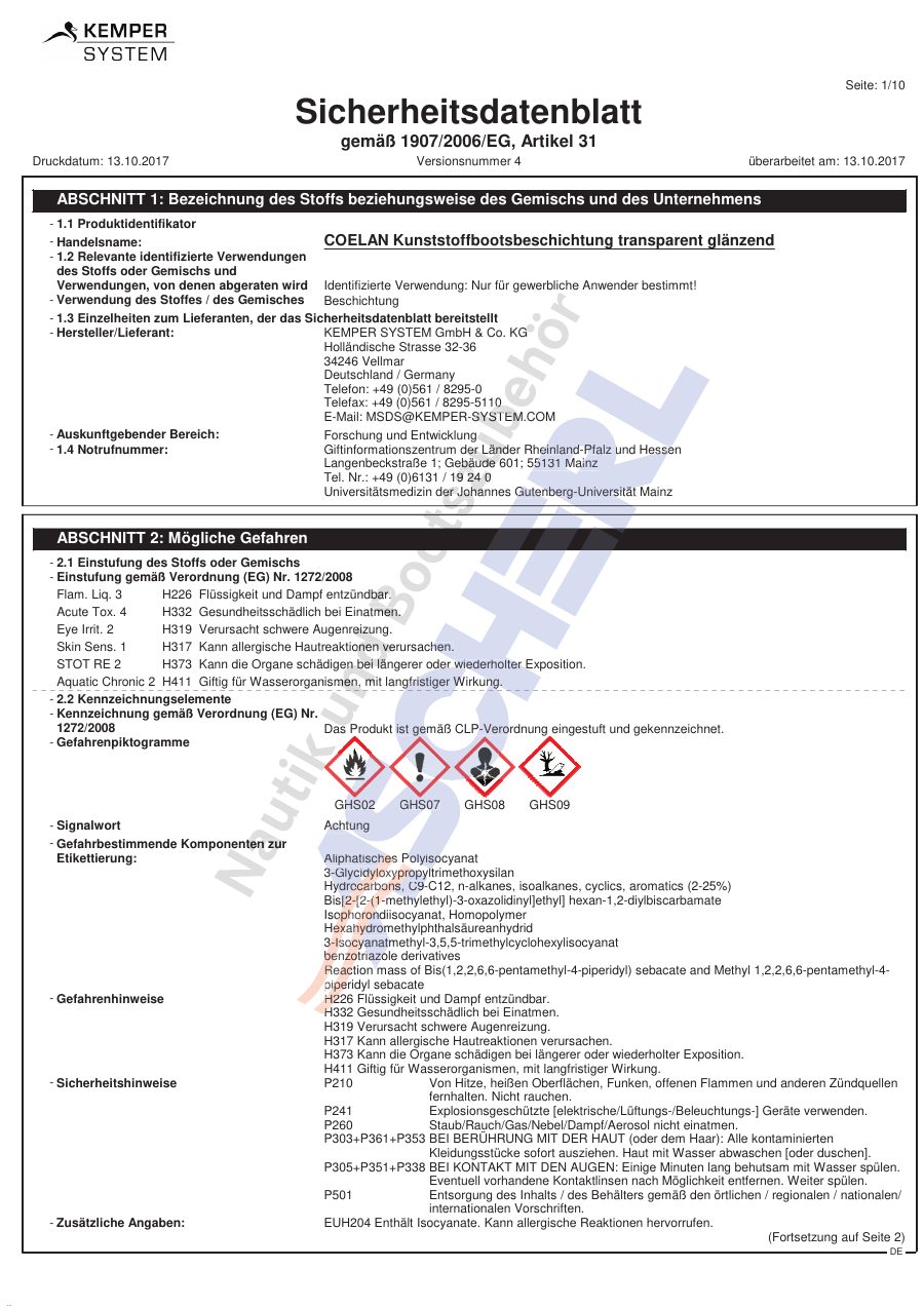 Titelseite Sicherheitsdatenblatt COELAN Kunststoffbootsbeschichtung transparent glänzend (13-CKBTG3)