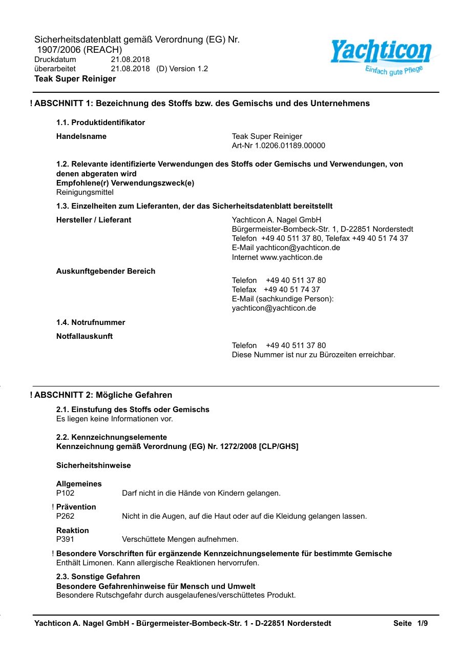 Titelseite Sicherheitsdatenblatt Teak Super Reiniger (13-YTEAKC)