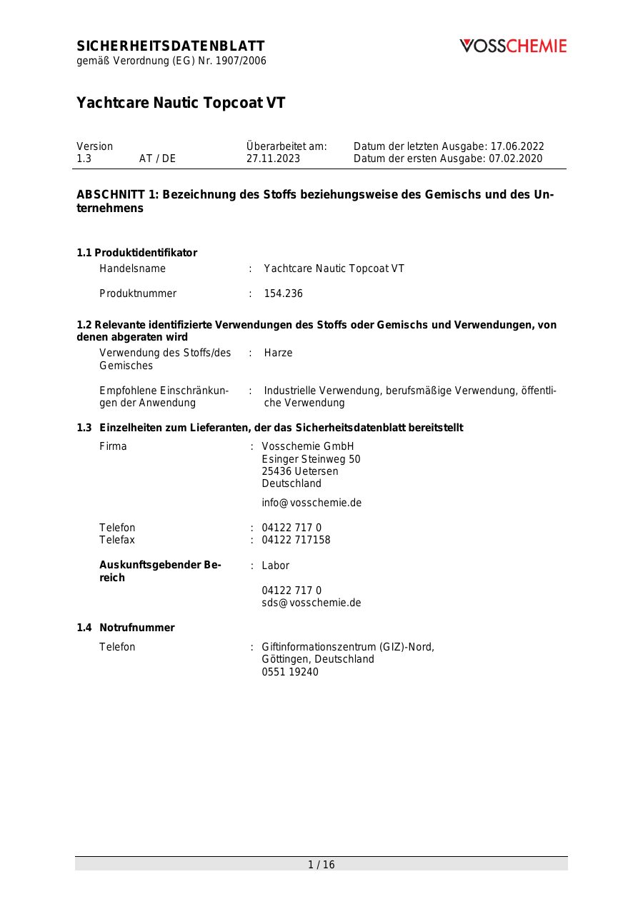 Titelseite Sicherheitsdatenblatt Yachtcare Nautic Topcoat VT