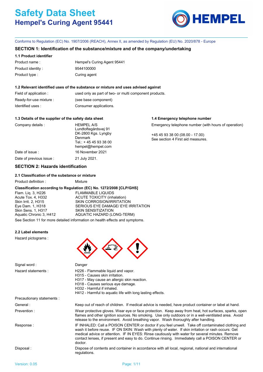 Titelseite Sicherheitsdatenblatt Hempel's Curing Agent 95441 (13-HCONVPR7_H)