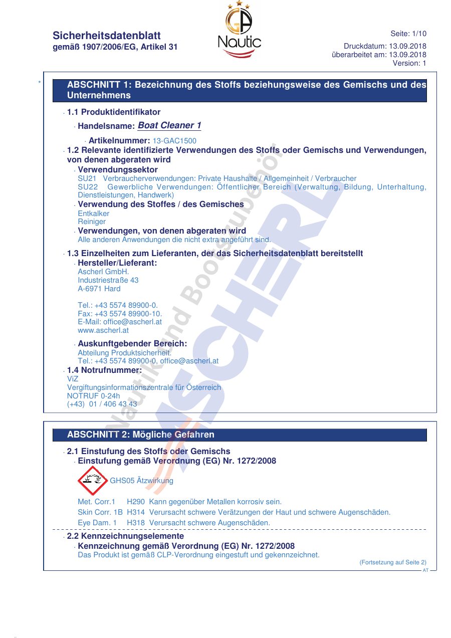 Titelseite Sicherheitsdatenblatt Boat Cleaner 1 (13-GAC1500_DE)