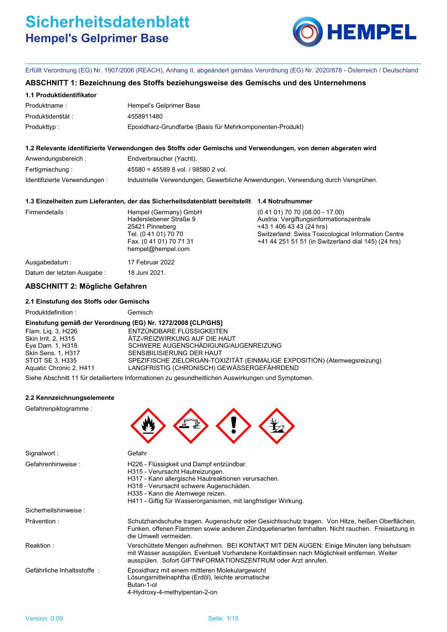 Titelseite Sicherheitsdatenblatt Hempel's Gelprimer Base (13-HGEL5G-base)