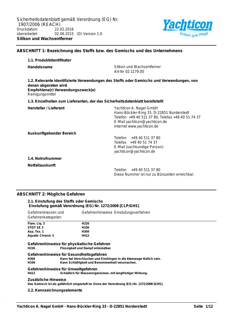 Titelseite Sicherheitsdatenblatt Silikon und Wachsentferner (13-YSILIKON)