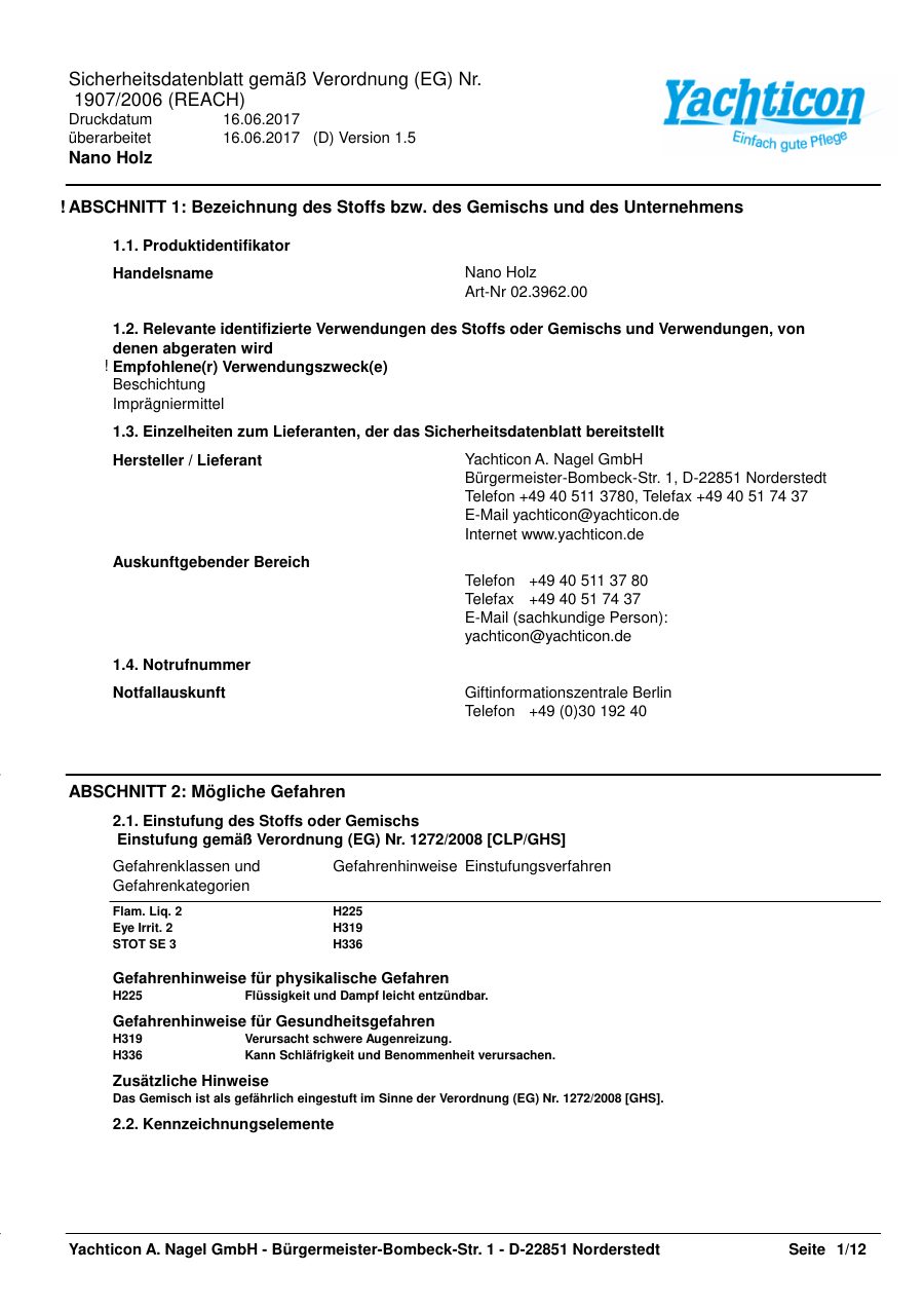Titelseite Sicherheitsdatenblatt Nano Holz (13-YNANOHOL)