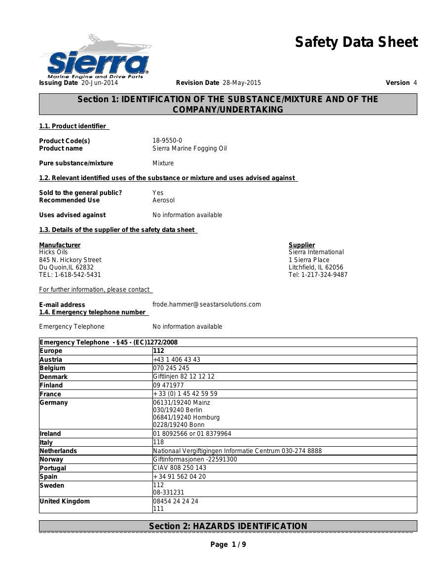 Titelseite Sicherheitsdatenblatt Sierra Marine Fogging Oil