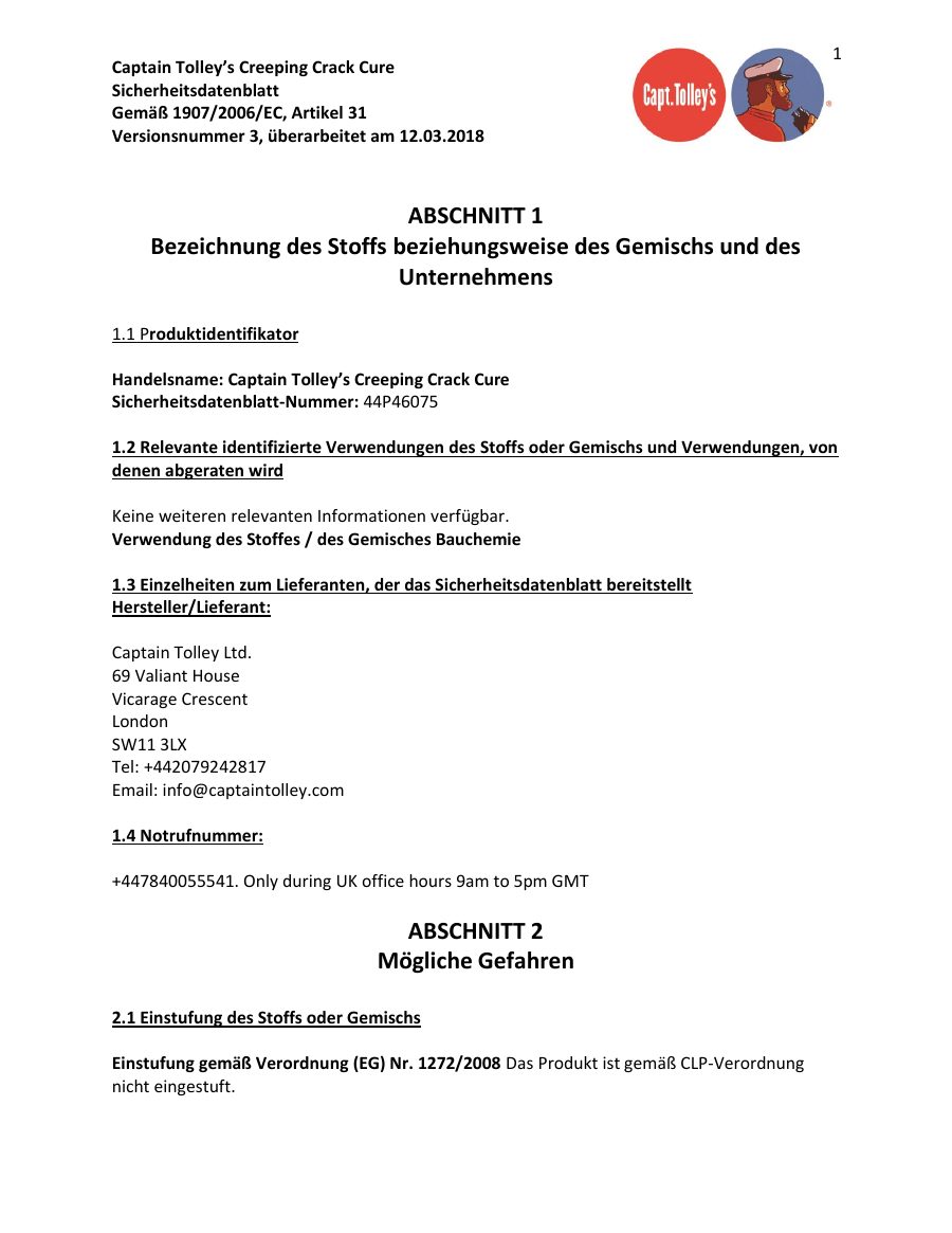 Titelseite Sicherheitsdatenblatt Captain Tolley’s Creeping Crack Cure (13-YCAPTTOL)