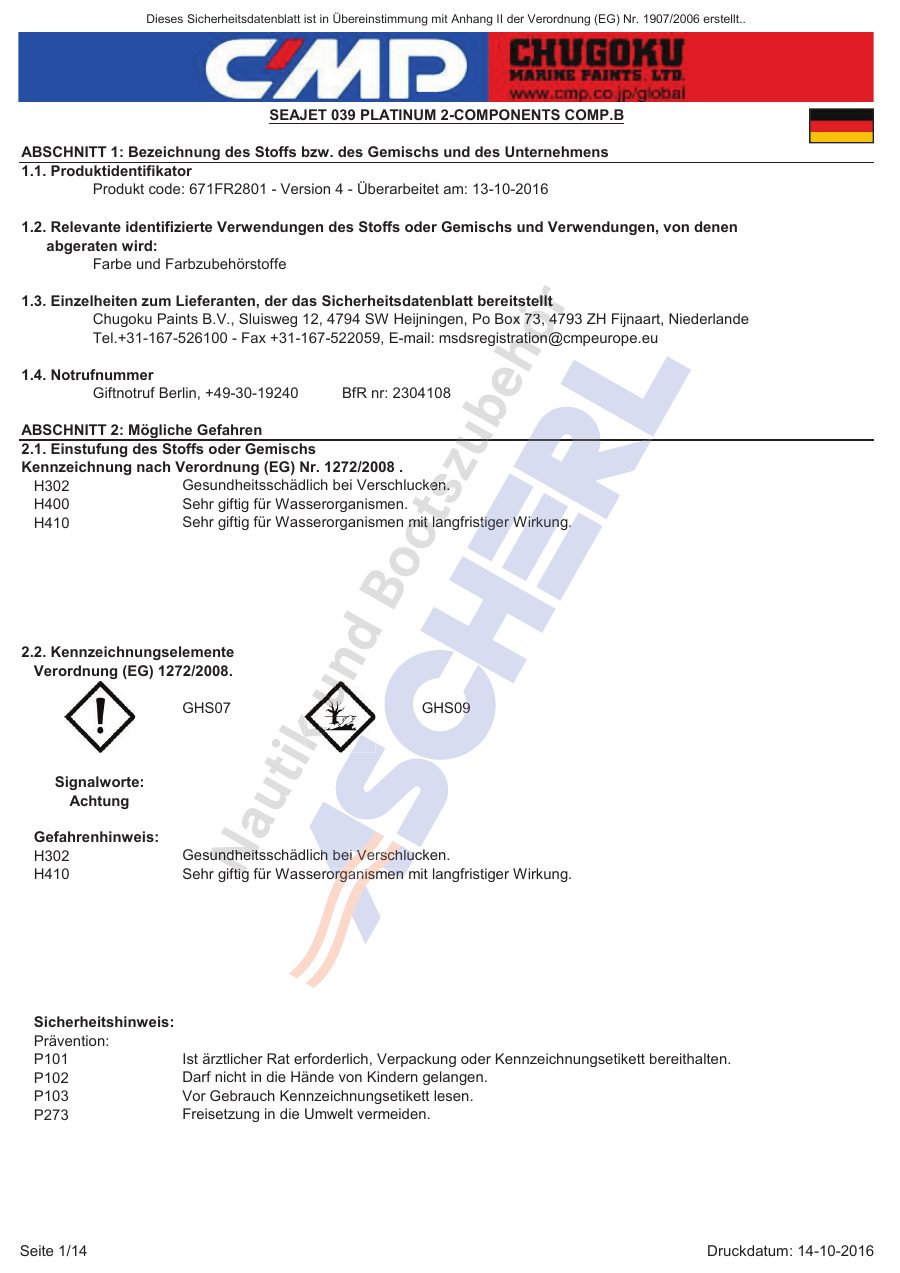 Titelseite Sicherheitsdatenblatt SEAJET 039 PLATINUM 2-COMPONENTS COMP.B (13-SJ0392_B)