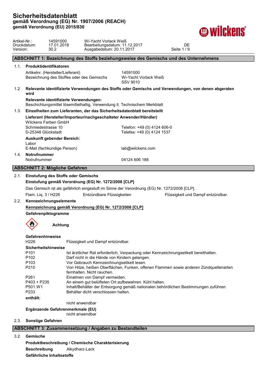 Titelseite Sicherheitsdatenblatt Wi-Yacht Vorlack Weiß (13-WVORLACK)