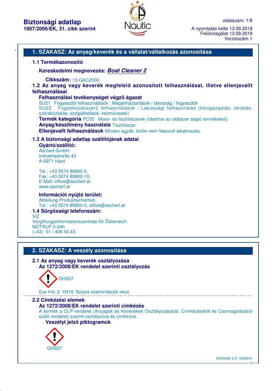 Titelseite Sicherheitsdatenblatt GA Nautic 13-GAC2500_HU
